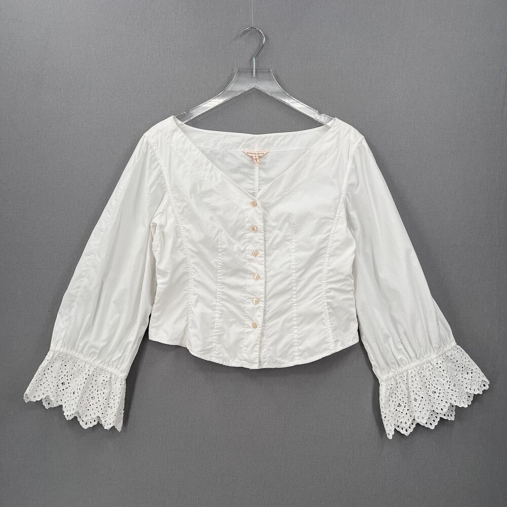 REBECCA TAYLOR Long Sleeve Eyelet Pop Top Womens 8 Milk White Romantic Boho